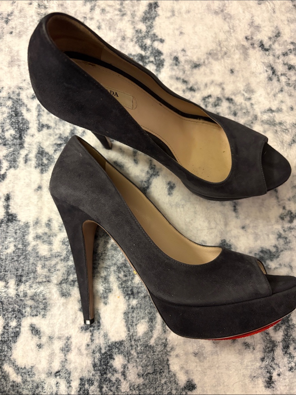 Prada Dark Grey Suede Peep-Toe Pumps - Picture 4 of 5